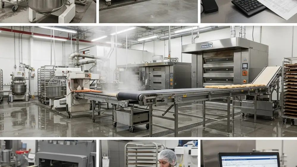 A commercial bakery setting with industrial equipment and safety warning signs representing workplace hazards.