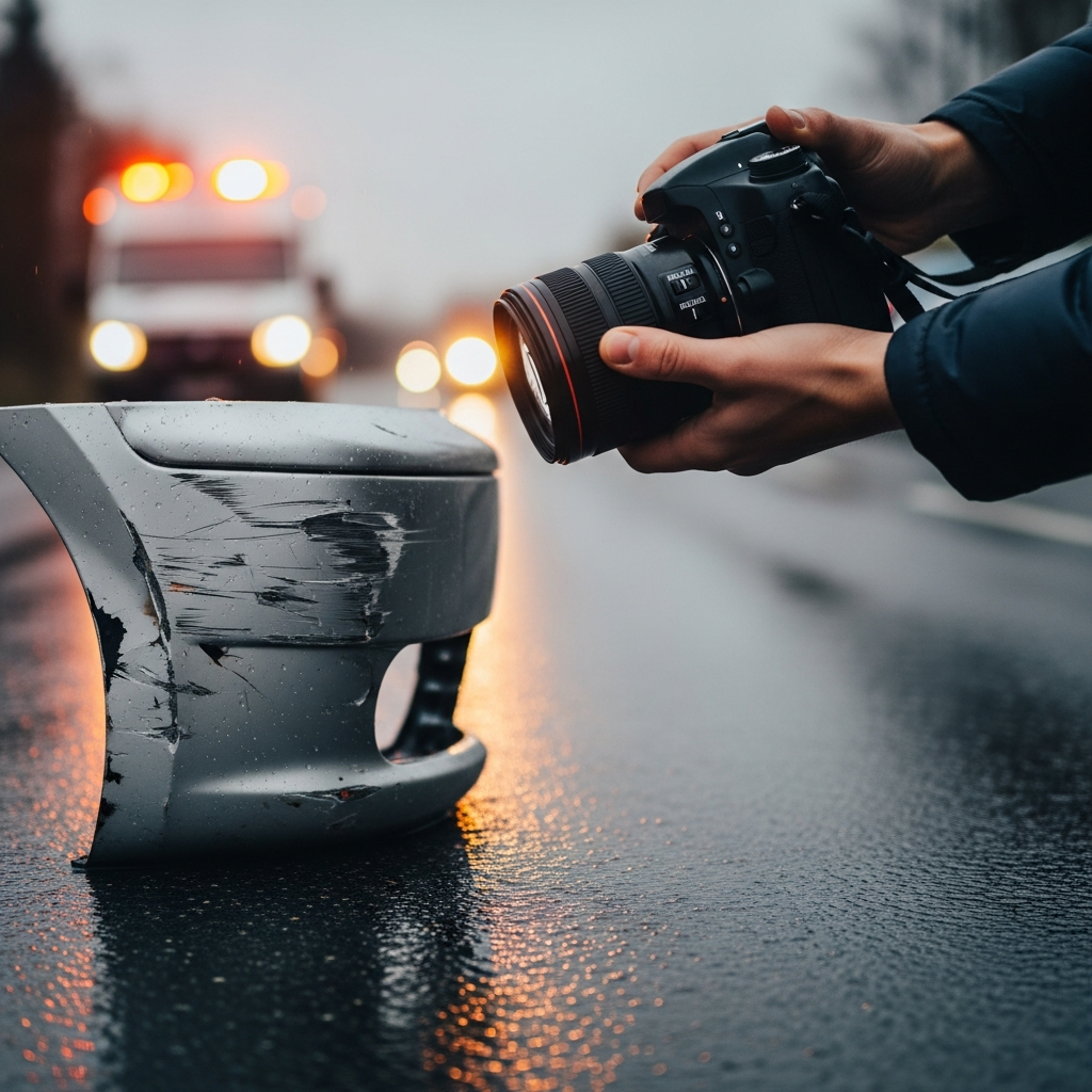 A close-up of a person's hands holding a camera focused on a scuffed car bumper on a rainy asphalt road, with blurred emergency lights in the background.