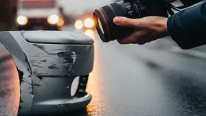 A close-up of a person's hands holding a camera focused on a scuffed car bumper on a rainy asphalt road, with blurred emergency lights in the background.