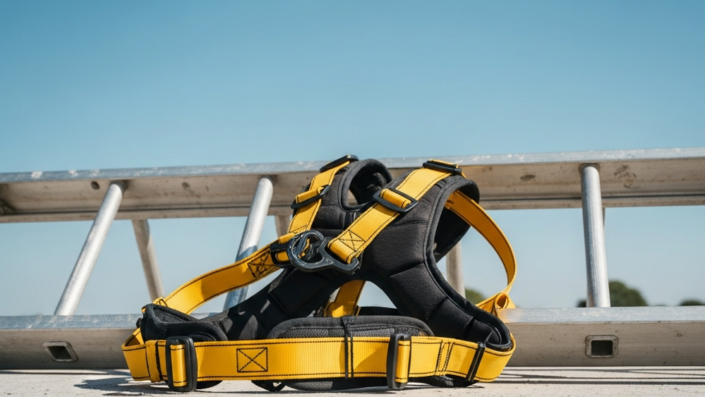 A pair of yellow heavy-duty fall protection harnesses lying next to a metal roof ladder on a construction site with a clear blue sky in the background.