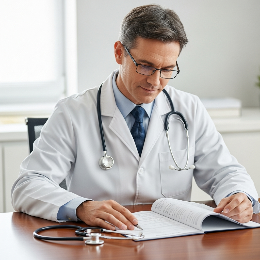 A doctor in a white lab coat sitting at a desk, looking thoughtfully at a medical chart beside a stethoscope on a wooden table in a brightly lit office.