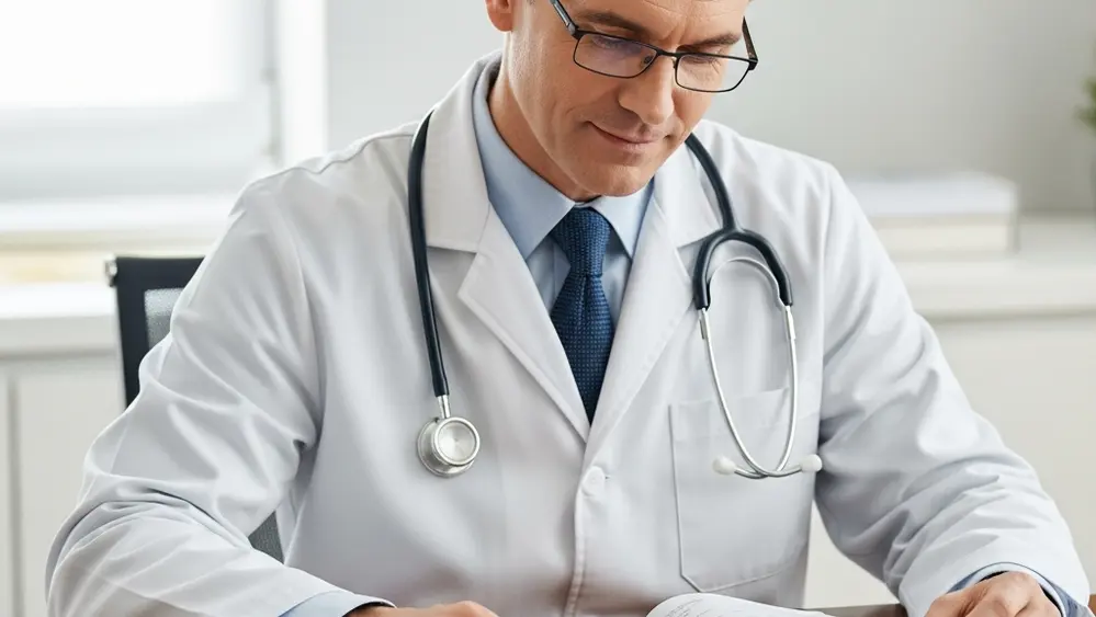 A doctor in a white lab coat sitting at a desk, looking thoughtfully at a medical chart beside a stethoscope on a wooden table in a brightly lit office.