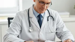 A doctor in a white lab coat sitting at a desk, looking thoughtfully at a medical chart beside a stethoscope on a wooden table in a brightly lit office.