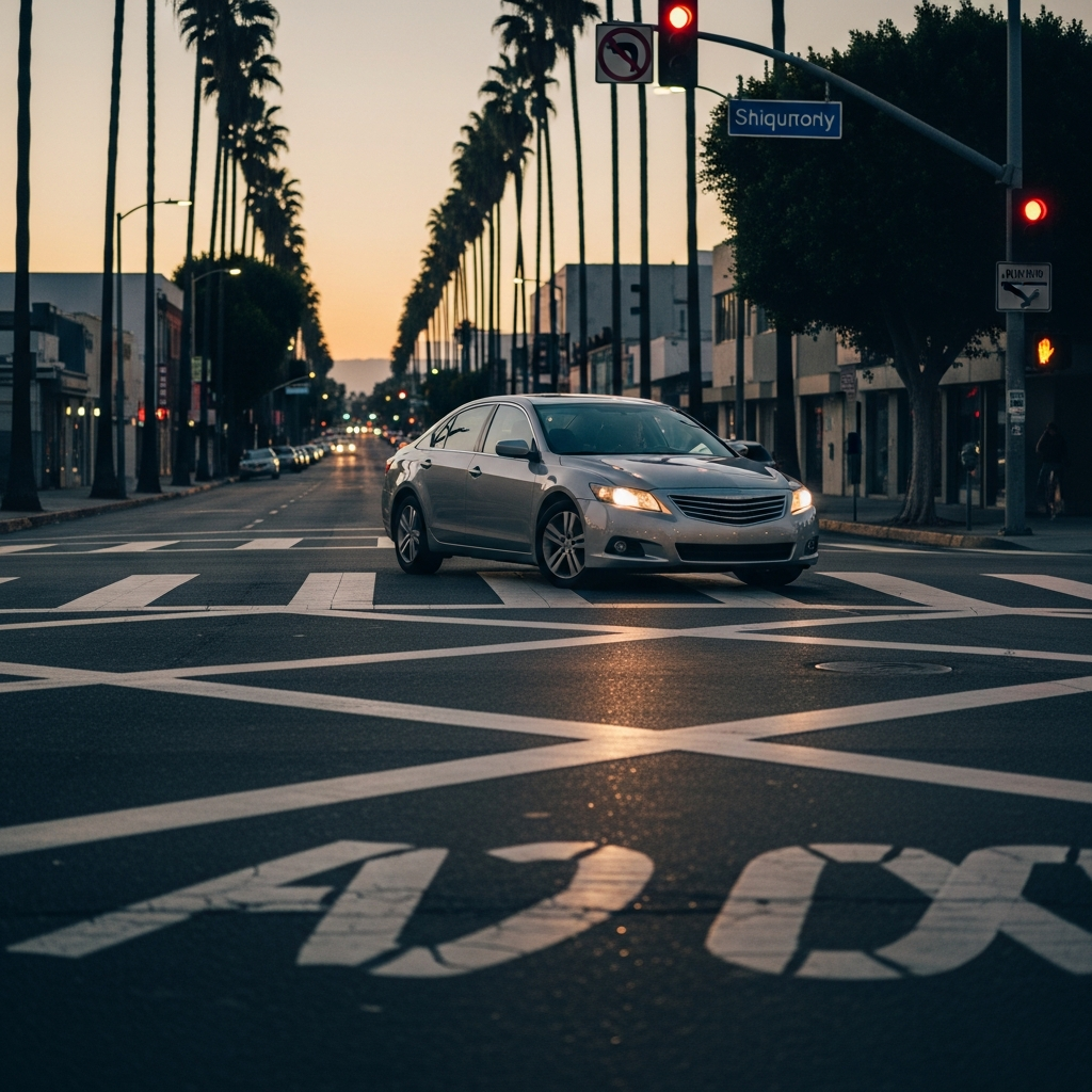 A generic silver sedan driving down a dimly lit city street in South Los Angeles at dusk, with palm trees visible in the background and a marked crosswalk in the foreground.