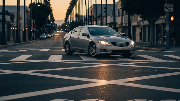 A generic silver sedan driving down a dimly lit city street in South Los Angeles at dusk, with palm trees visible in the background and a marked crosswalk in the foreground.