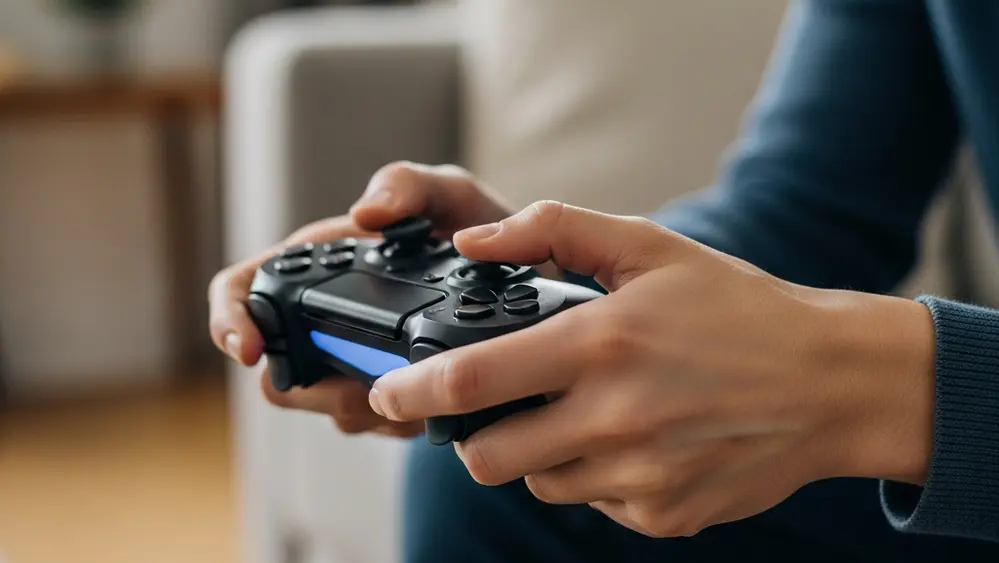 A close-up of a person's hands holding a modern gaming controller with a soft-focus background of a living room.