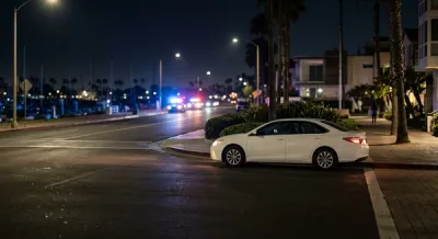 A late-night scene at a Marina Del Rey intersection with a white passenger sedan parked near the curb and blurred emergency vehicle lights in the background.