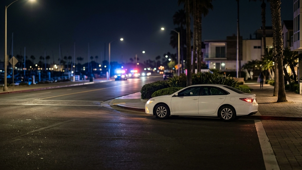 A late-night scene at a Marina Del Rey intersection with a white passenger sedan parked near the curb and blurred emergency vehicle lights in the background.