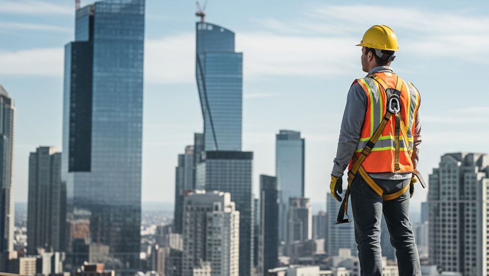A construction worker wearing a yellow hard hat and orange safety vest standing on a steel beam at a high-rise building site, looking over the cityscape.