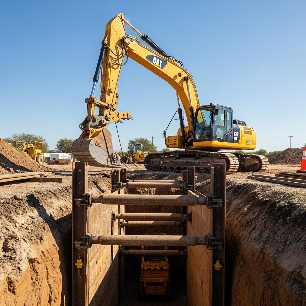 A yellow excavator sits near a deep construction trench with shoring equipment visible on a sunny day in Texas.