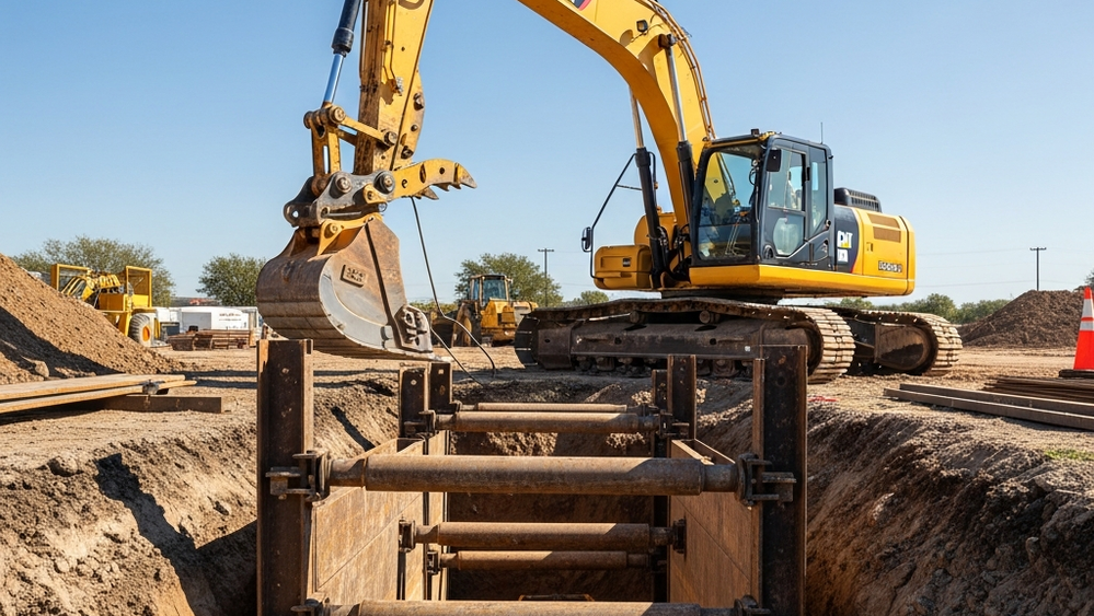A yellow excavator sits near a deep construction trench with shoring equipment visible on a sunny day in Texas.
