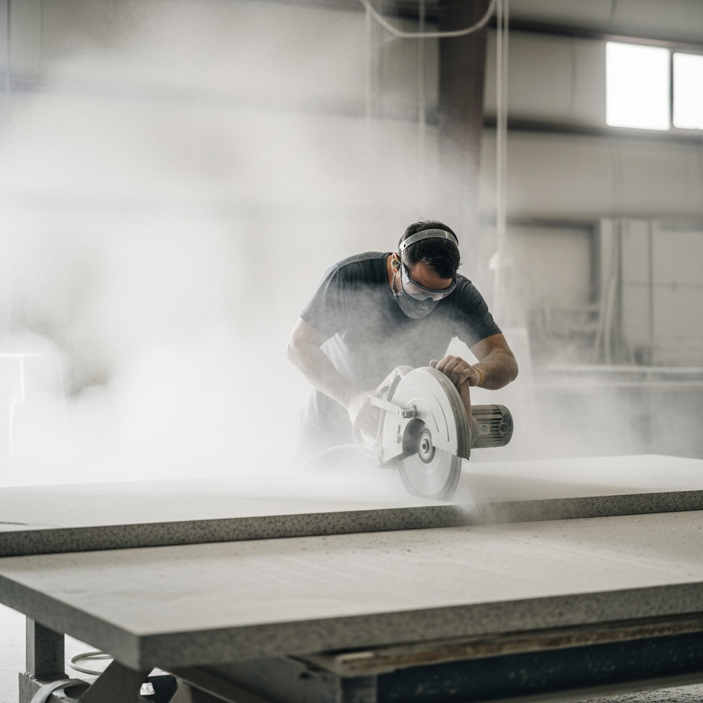 A stone fabrication worker in a mask cutting a slab of granite with a circular saw, surrounded by a cloud of fine white dust in a large industrial workshop.