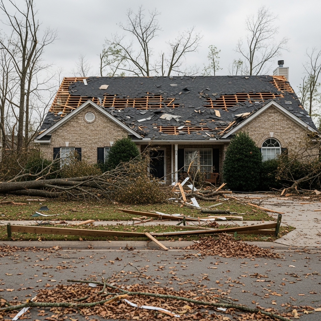 A house with significant roof damage and missing shingles after a heavy storm, surrounded by debris and fallen tree limbs in a suburban neighborhood.