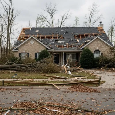 A house with significant roof damage and missing shingles after a heavy storm, surrounded by debris and fallen tree limbs in a suburban neighborhood.
