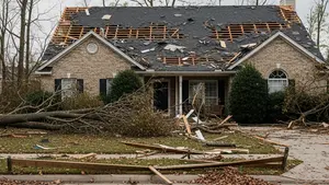 A house with significant roof damage and missing shingles after a heavy storm, surrounded by debris and fallen tree limbs in a suburban neighborhood.