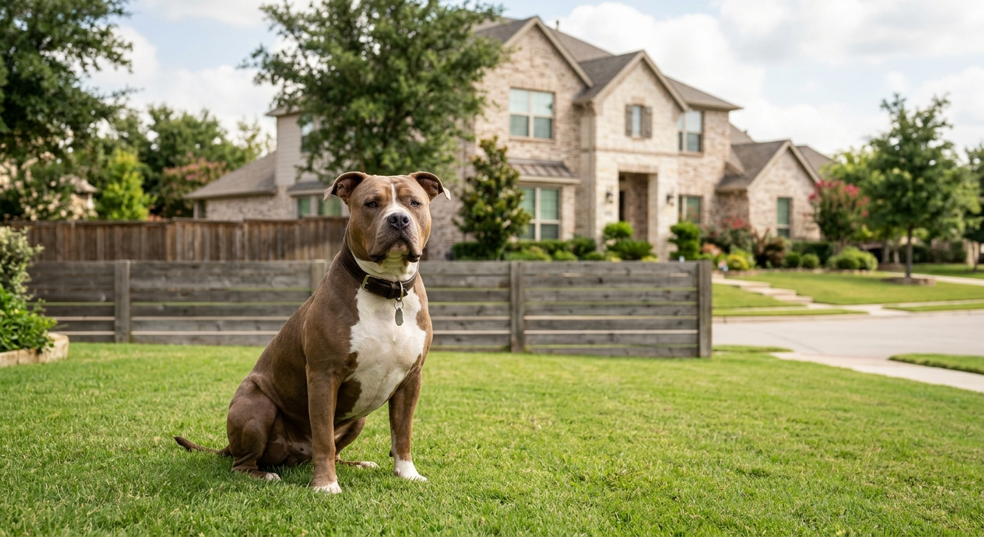 A large, muscular dog sitting on a manicured lawn in a suburban Texas neighborhood, with a wooden fence and a house in the background.