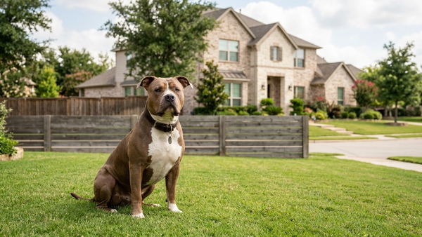 A large, muscular dog sitting on a manicured lawn in a suburban Texas neighborhood, with a wooden fence and a house in the background.