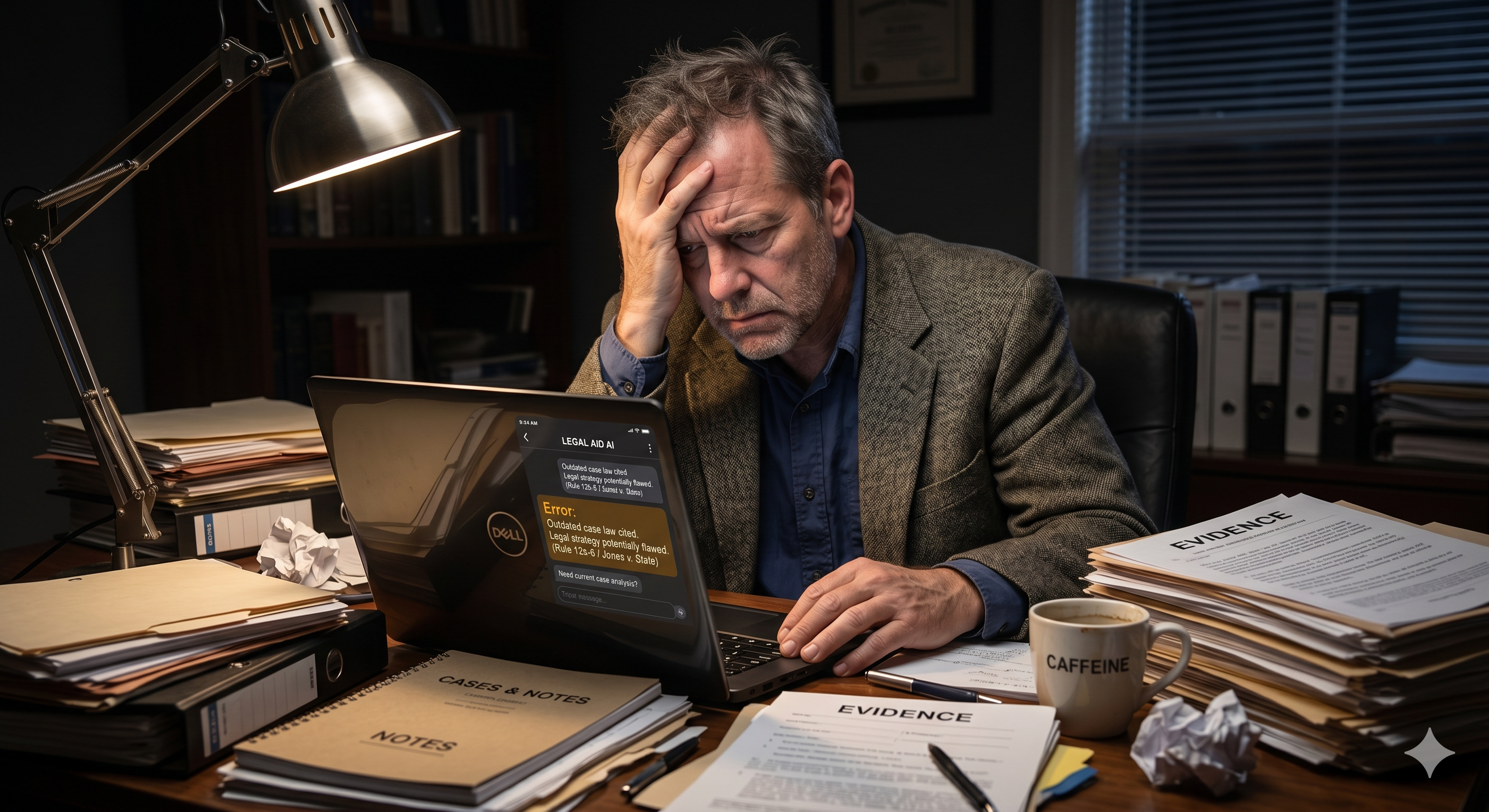 A middle-aged man in a suit looks deeply stressed at a cluttered desk late at night, holding his head in despair. An open laptop shows an AI-generated legal error on the screen. The desk is covered in physical file folders, legal notebooks, and papers, with a clear focus on the glowing laptop