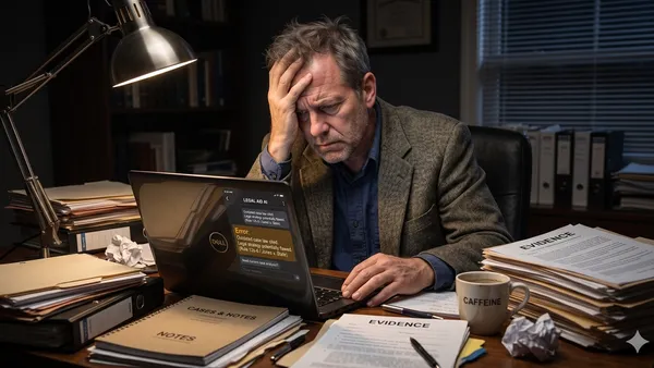 A middle-aged man in a suit looks deeply stressed at a cluttered desk late at night, holding his head in despair. An open laptop shows an AI-generated legal error on the screen. The desk is covered in physical file folders, legal notebooks, and papers, with a clear focus on the glowing laptop