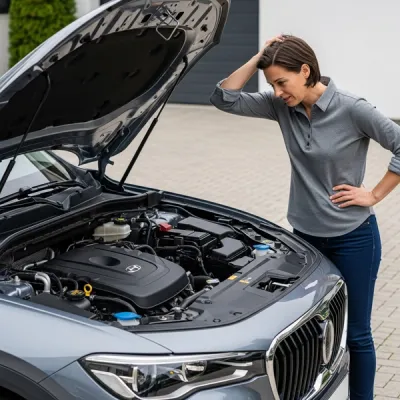 A frustrated person stands next to a modern SUV with its hood open in a driveway, looking at the engine components with a look of disappointment.