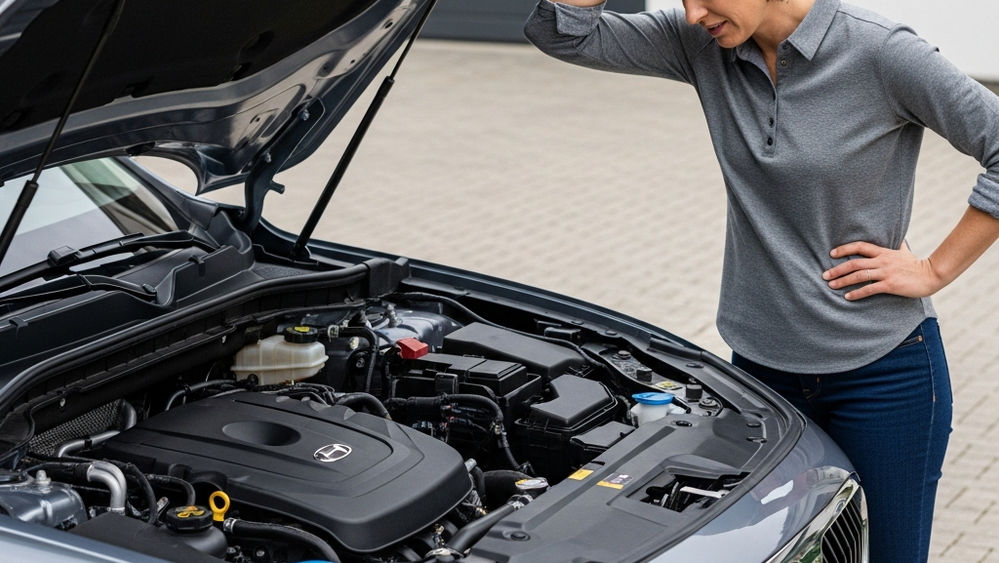 A frustrated person stands next to a modern SUV with its hood open in a driveway, looking at the engine components with a look of disappointment.