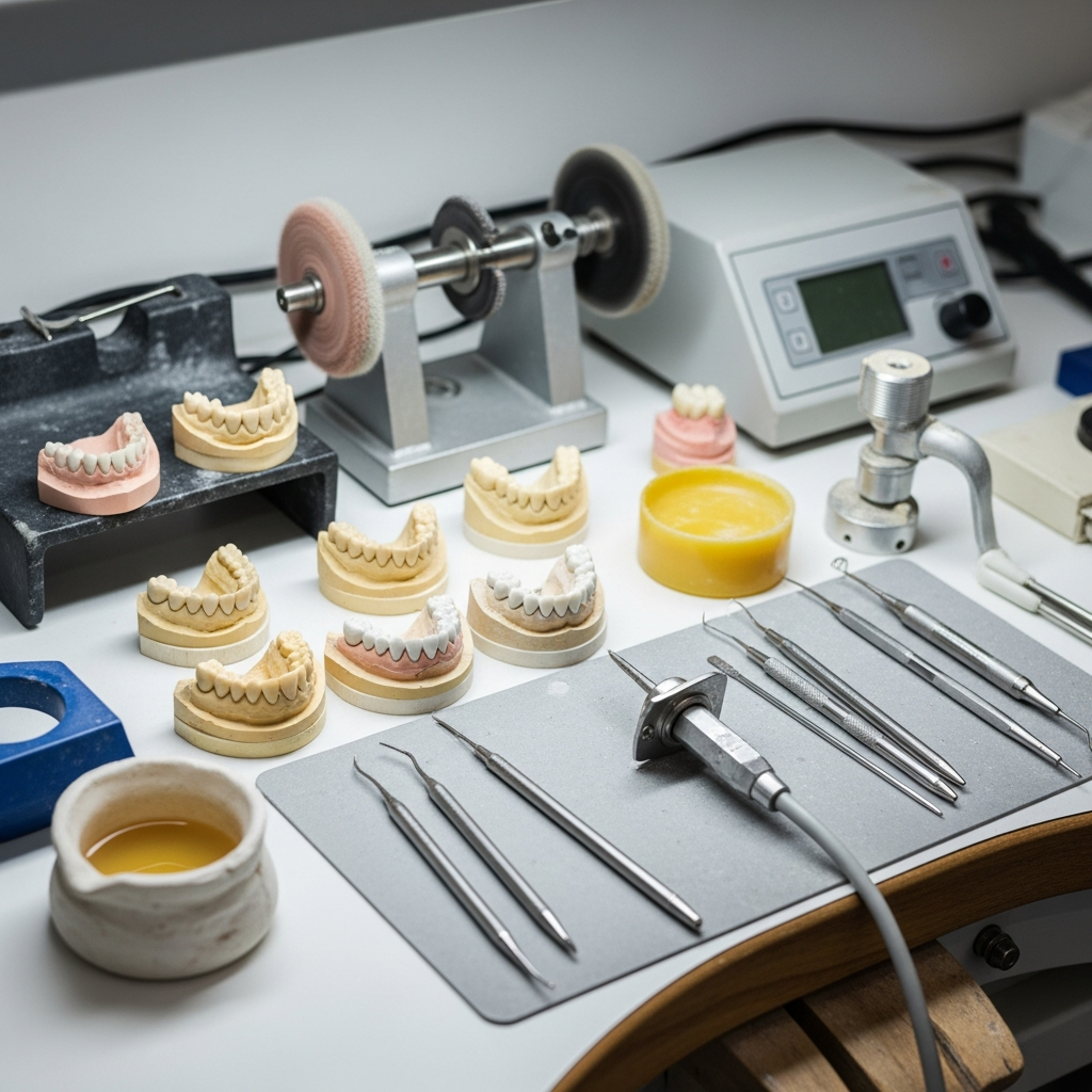 A detailed view of a dental laboratory workbench with various dental restoration models, crowns, and specialized technical tools.