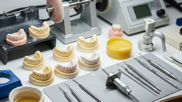 A detailed view of a dental laboratory workbench with various dental restoration models, crowns, and specialized technical tools.