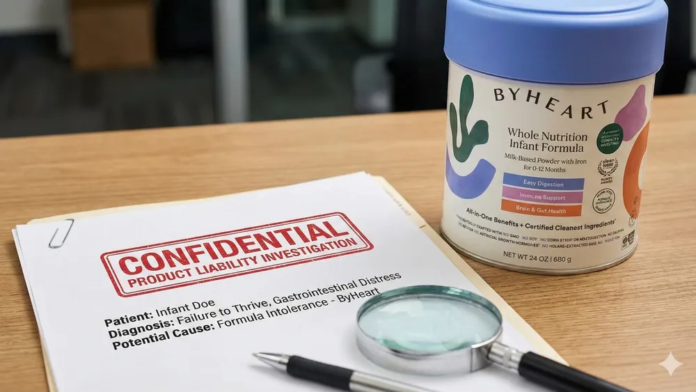 Close-up of a baby formula container and a medical report representing a product liability investigation.