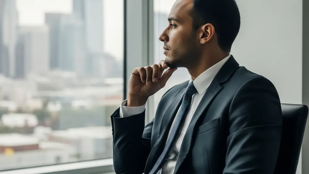 A professional executive sitting in a modern office looking out a large window at a city skyline, reflecting with a hand on their chin.