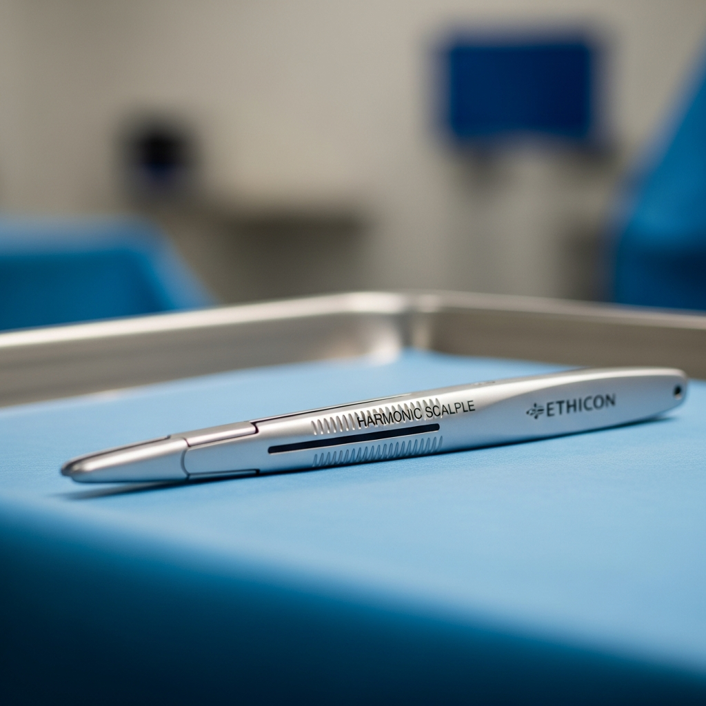 A silver Ethicon Harmonic Scalpel surgical tool resting on a clean blue medical tray in a sterile operating room environment.