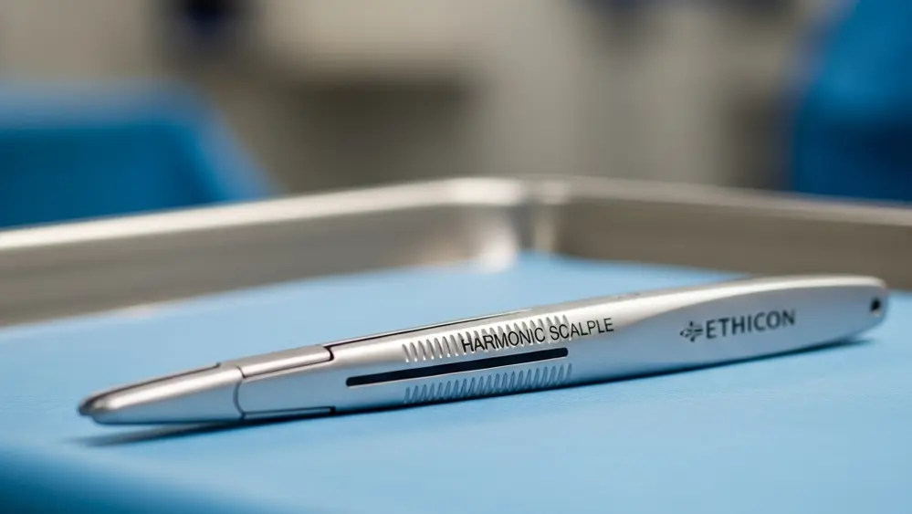A silver Ethicon Harmonic Scalpel surgical tool resting on a clean blue medical tray in a sterile operating room environment.