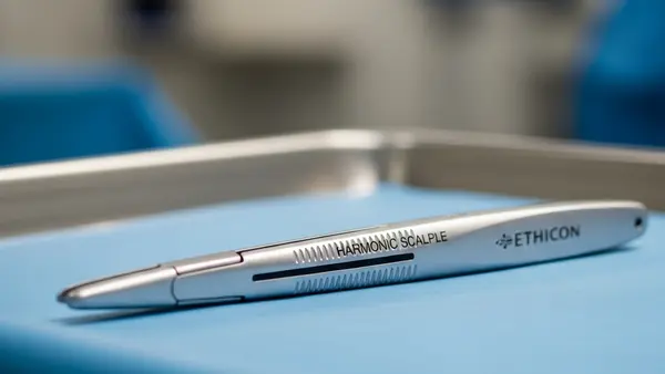A silver Ethicon Harmonic Scalpel surgical tool resting on a clean blue medical tray in a sterile operating room environment.