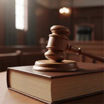 A close-up of a wooden gavel resting on a leather-bound law book in a traditional courtroom setting with soft lighting.