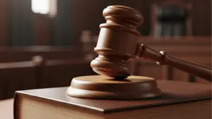 A close-up of a wooden gavel resting on a leather-bound law book in a traditional courtroom setting with soft lighting.