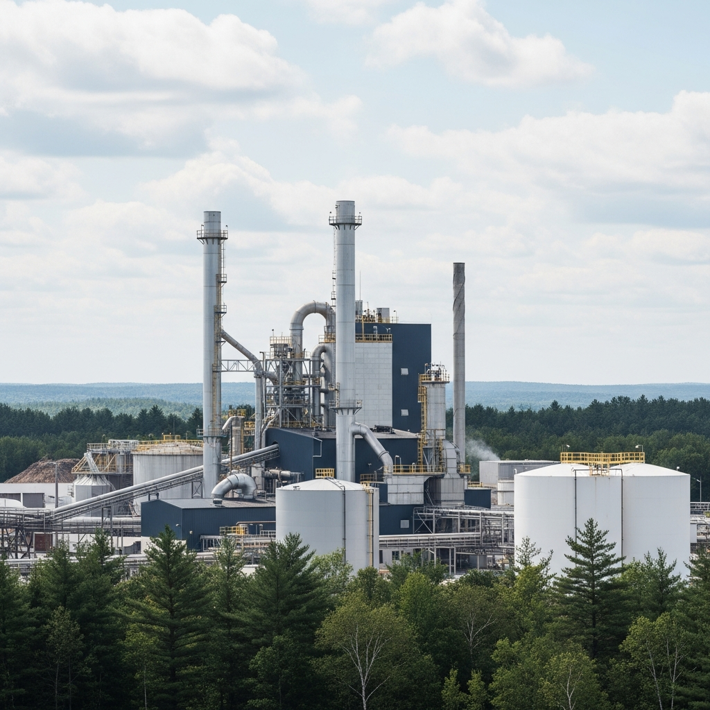 A large industrial hardwood pulp mill with tall silver smokestacks and outdoor storage tanks situated near a dense forest in the Maine countryside.