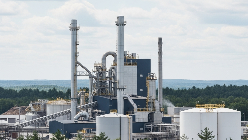 A large industrial hardwood pulp mill with tall silver smokestacks and outdoor storage tanks situated near a dense forest in the Maine countryside.