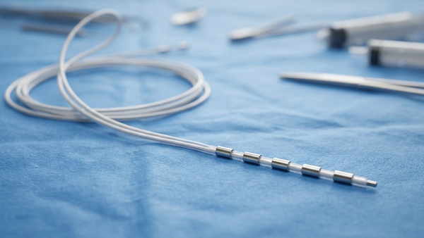 A close-up view of a spinal cord stimulator lead, featuring the thin insulated wire and small metallic electrode contacts on a sterile blue surgical surface.