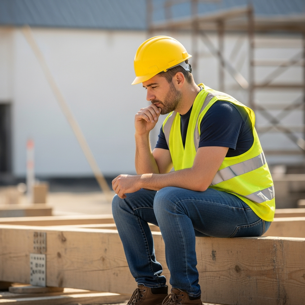 A construction worker in a yellow safety vest and hard hat sitting on a wooden beam, looking contemplative while holding his hand with a blurred construction site in the background.