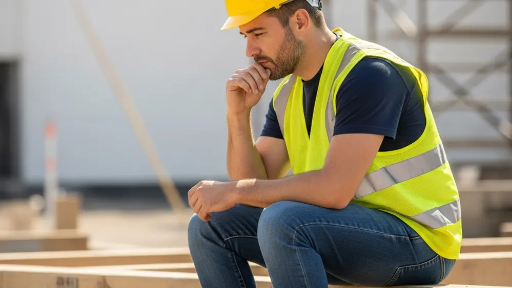 A construction worker in a yellow safety vest and hard hat sitting on a wooden beam, looking contemplative while holding his hand with a blurred construction site in the background.