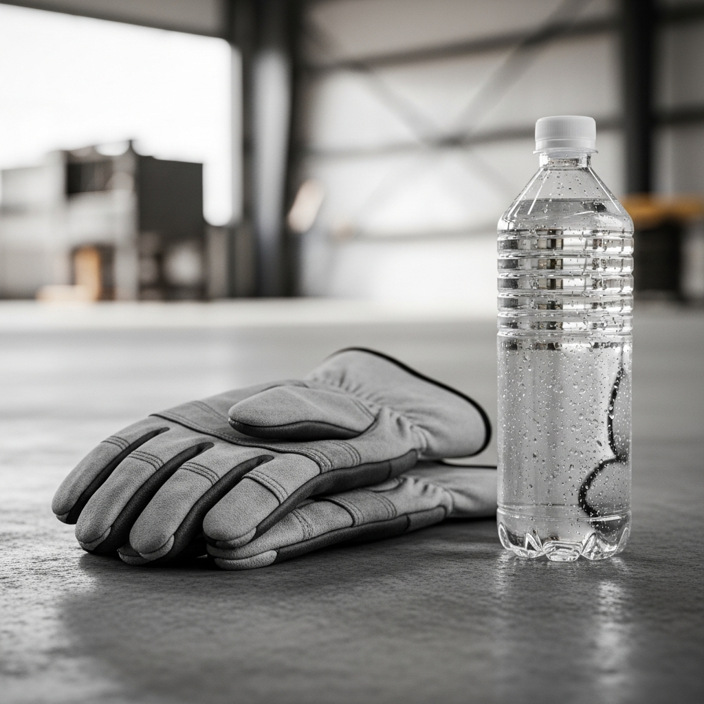 A pair of heavy-duty work gloves resting next to a clear water bottle on a hot concrete floor in an industrial setting.