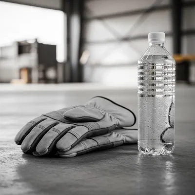 A pair of heavy-duty work gloves resting next to a clear water bottle on a hot concrete floor in an industrial setting.