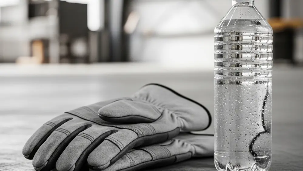 A pair of heavy-duty work gloves resting next to a clear water bottle on a hot concrete floor in an industrial setting.