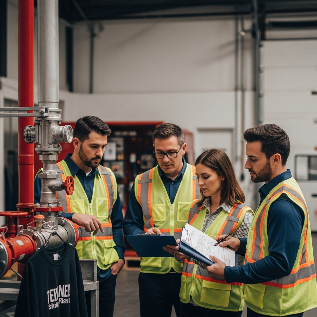 A group of professional fire protection technicians in high-visibility safety vests standing near a commercial sprinkler system manifold in a warehouse setting, looking serious while discussing a clipboard.