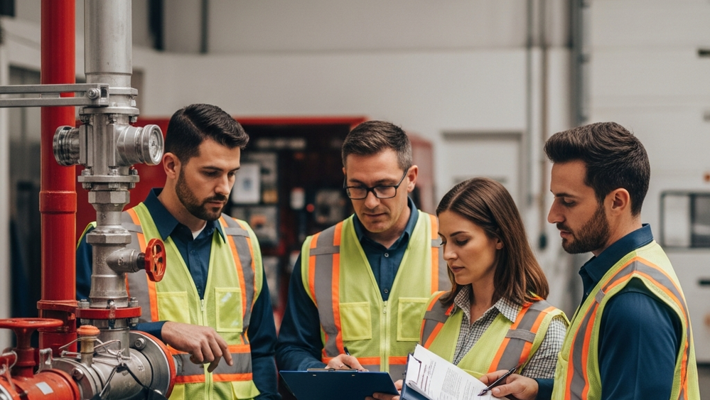 A group of professional fire protection technicians in high-visibility safety vests standing near a commercial sprinkler system manifold in a warehouse setting, looking serious while discussing a clipboard.