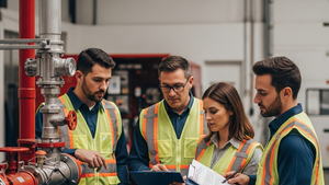 A group of professional fire protection technicians in high-visibility safety vests standing near a commercial sprinkler system manifold in a warehouse setting, looking serious while discussing a clipboard.