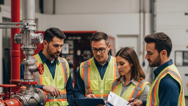 A group of professional fire protection technicians in high-visibility safety vests standing near a commercial sprinkler system manifold in a warehouse setting, looking serious while discussing a clipboard.