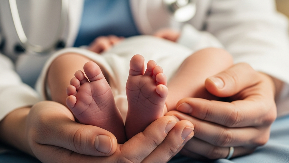 A close-up of a doctor's hands gently cradling a newborn's feet in a hospital setting, symbolizing neonatal care and medical responsibility.