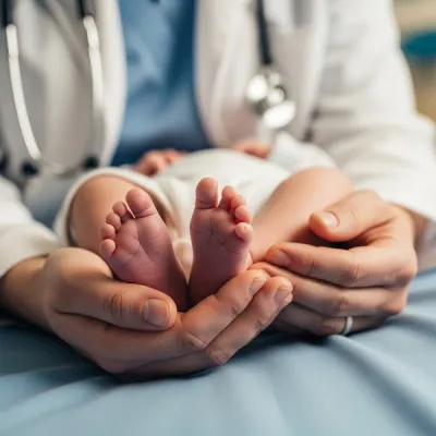 A close-up of a doctor's hands gently cradling a newborn's feet in a hospital setting, symbolizing neonatal care and medical responsibility.