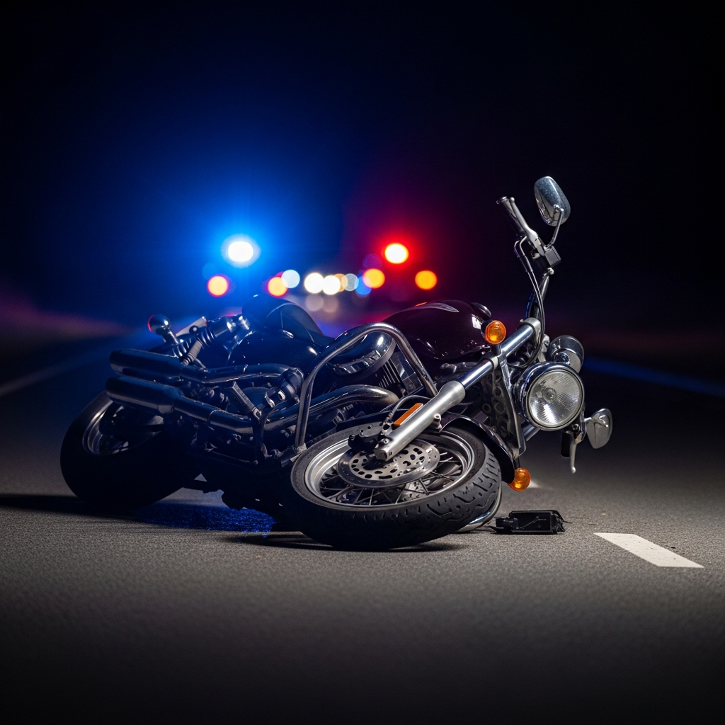 A motorcycle lying on its side on a night-time asphalt road with distant blue and red emergency vehicle lights blurred in the background.