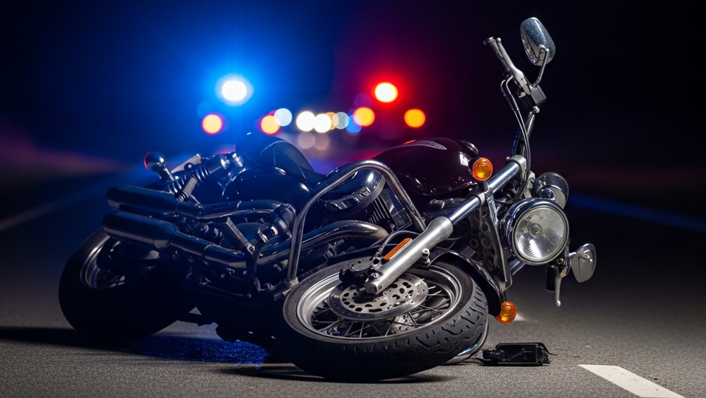 A motorcycle lying on its side on a night-time asphalt road with distant blue and red emergency vehicle lights blurred in the background.